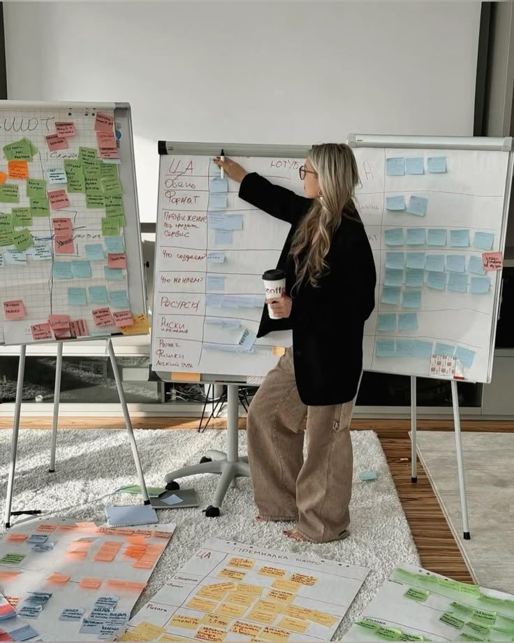 Profesional autónoma planificando estrategia con post-its en pizarra